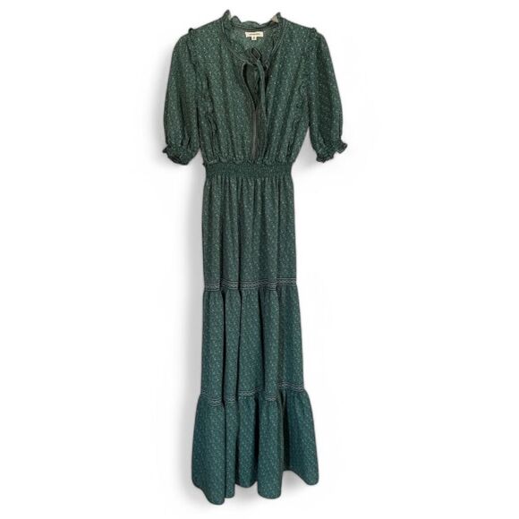 Max Studio Green Floral Print Tie-Neck Smocked Waist Maxi Dress Size M - Picture 2 of 10